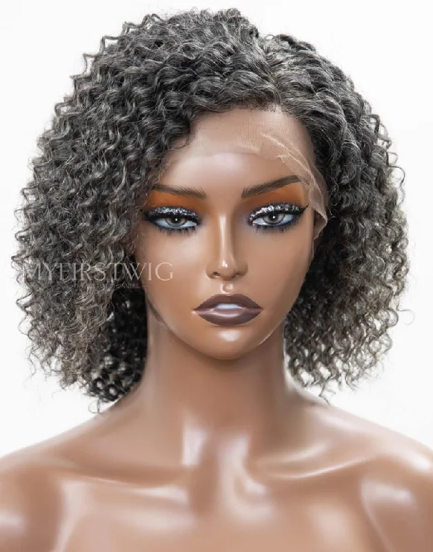 10"" Salt & Pepper Grey Curly Bob Glueless 4x4"" Closure Wig  - FL4462