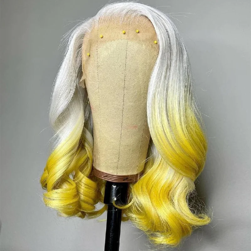 100% Human Hair White & Yellow Natural Wavy Lace Front Bob Wig