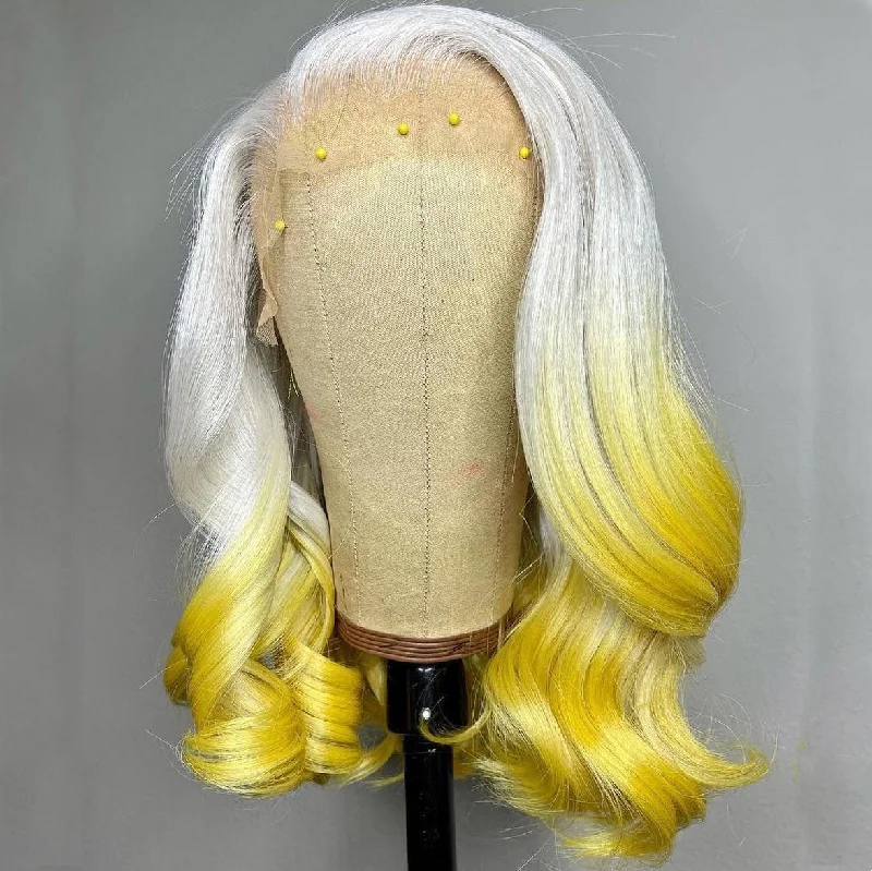 100% Human Hair White & Yellow Natural Wavy Lace Front Bob Wig