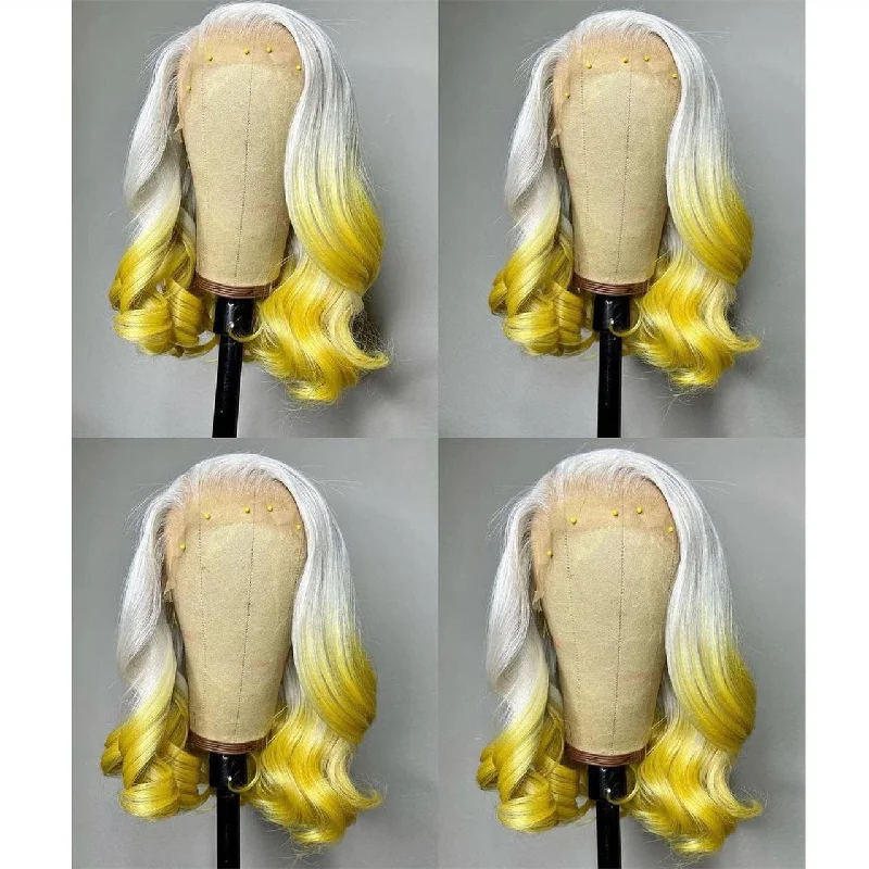 100% Human Hair White & Yellow Natural Wavy Lace Front Bob Wig