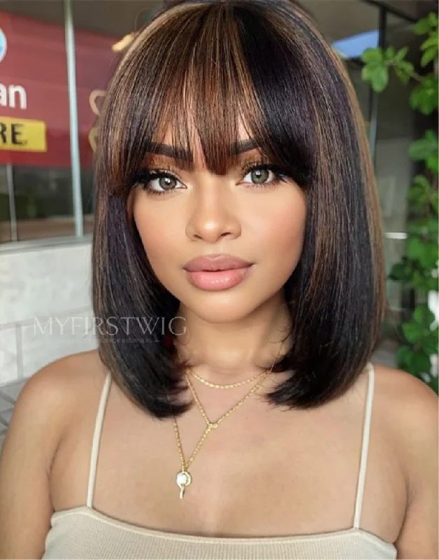 12 Inch Brown Bangs Bob Wig HD Lace Wear & Go Glueless Closure Wig - CLB037