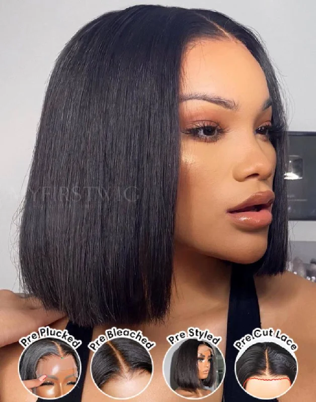 12 Inch Natural Black Bob Wig HD Lace Wear & Go Glueless Wig - CLB002