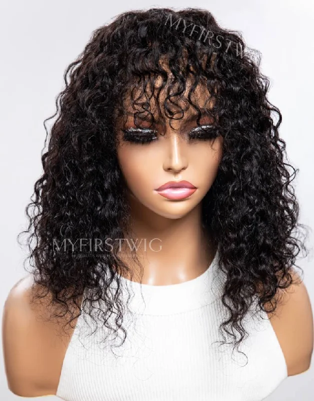 14"" Deep Wave Curly Wig With Bangs Invisible 160% Density Glueless 4x4"" Closure Wig  - FL4419