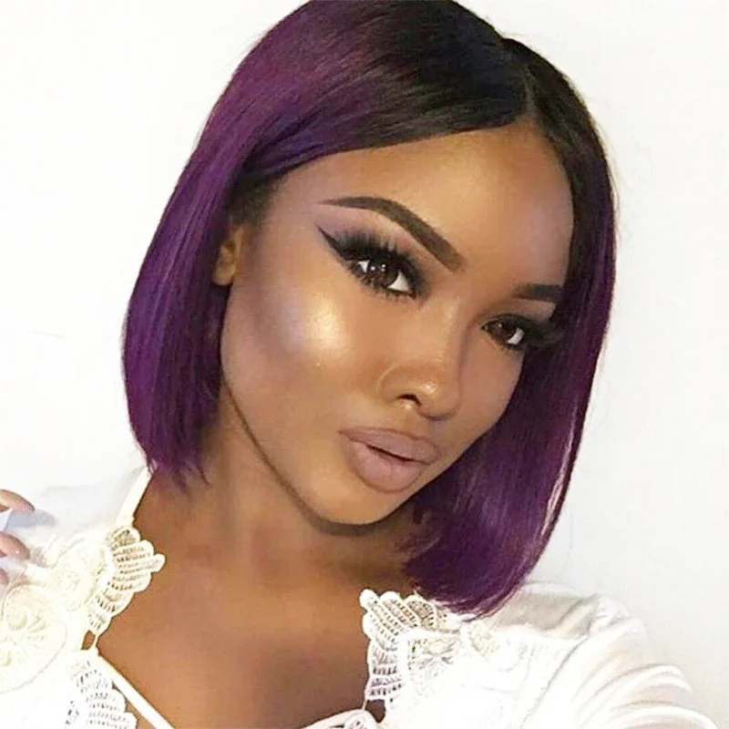 Peruvian 2019 Trends Purple With Black Root Straight Short Lace Front Bob Wig