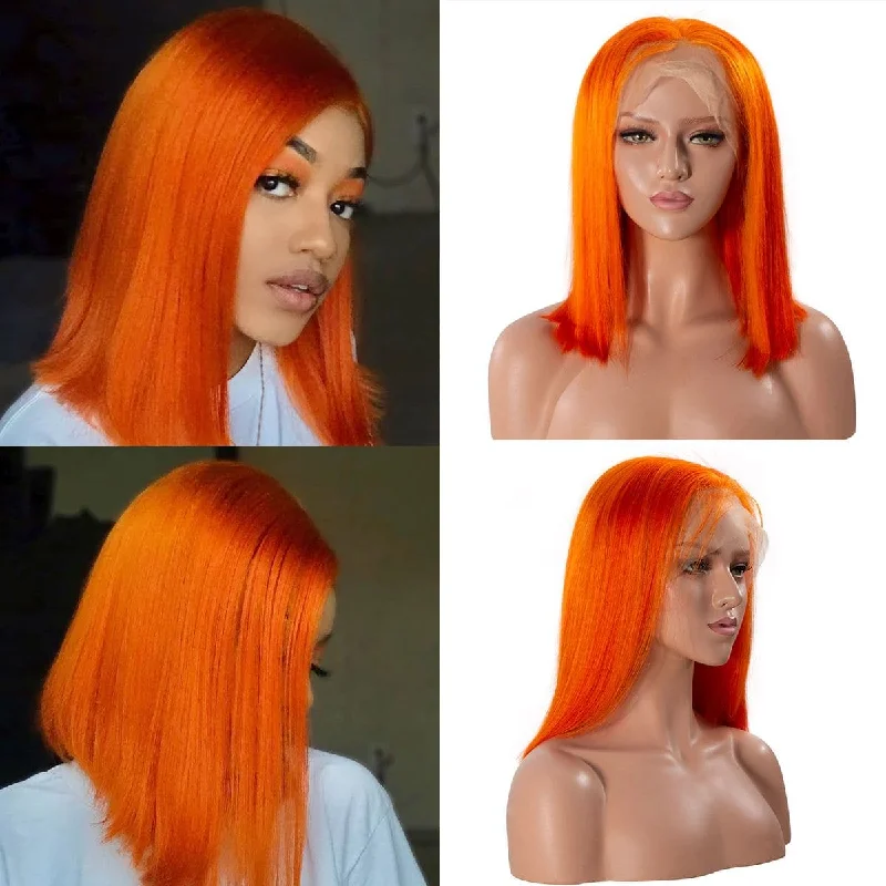 Orange Short Bob Colored Wigs For Girls HD Lace Front Human Hair Wigs 180 Density