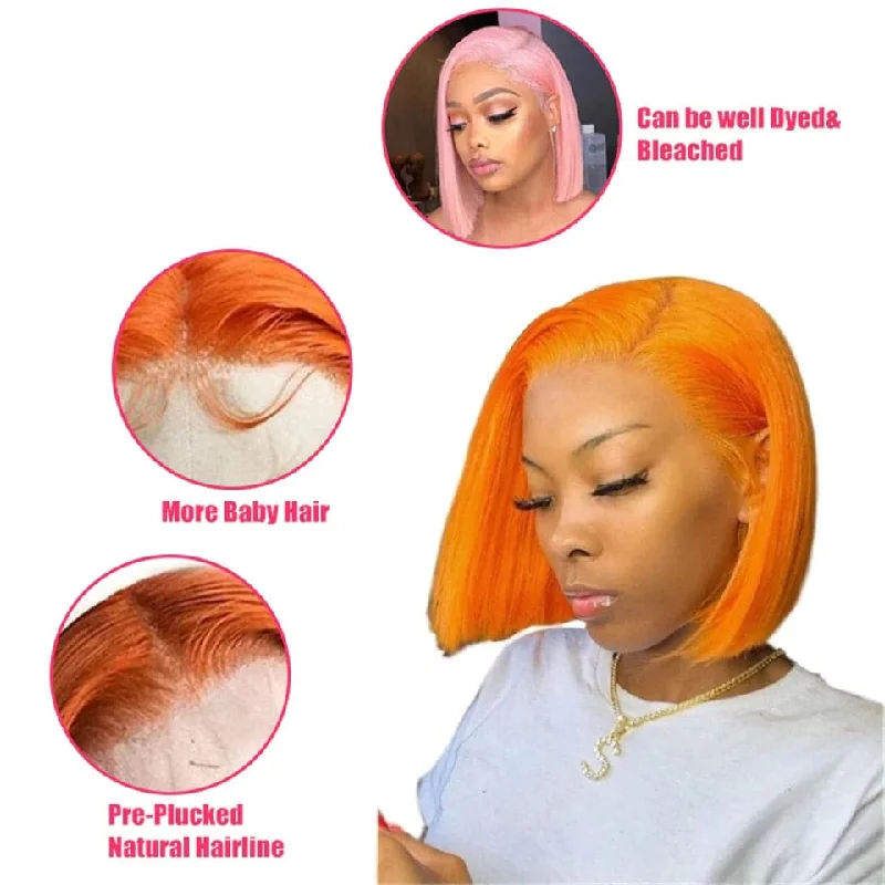 Orange Short Bob Colored Wigs For Girls HD Lace Front Human Hair Wigs 180 Density