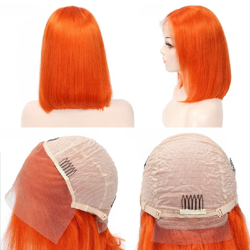 Orange Short Bob Colored Wigs For Girls HD Lace Front Human Hair Wigs 180 Density