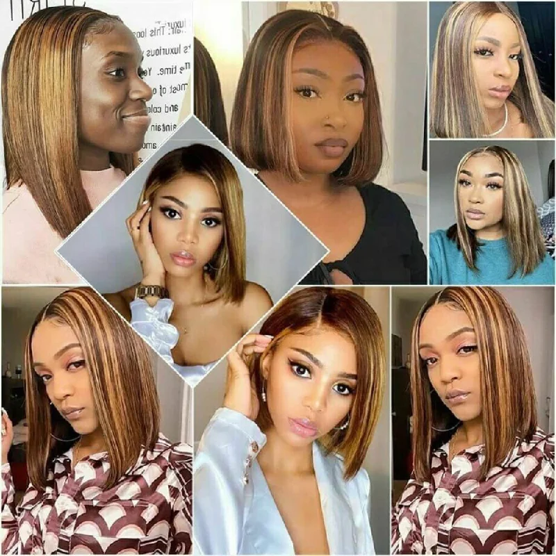 Straight Hair Honey Blonde Highlight Bob Human Hair Wigs HD Lace 13x4/4x4 Frontal/Closure Ombre Glueless Wigs-Geeta Hair