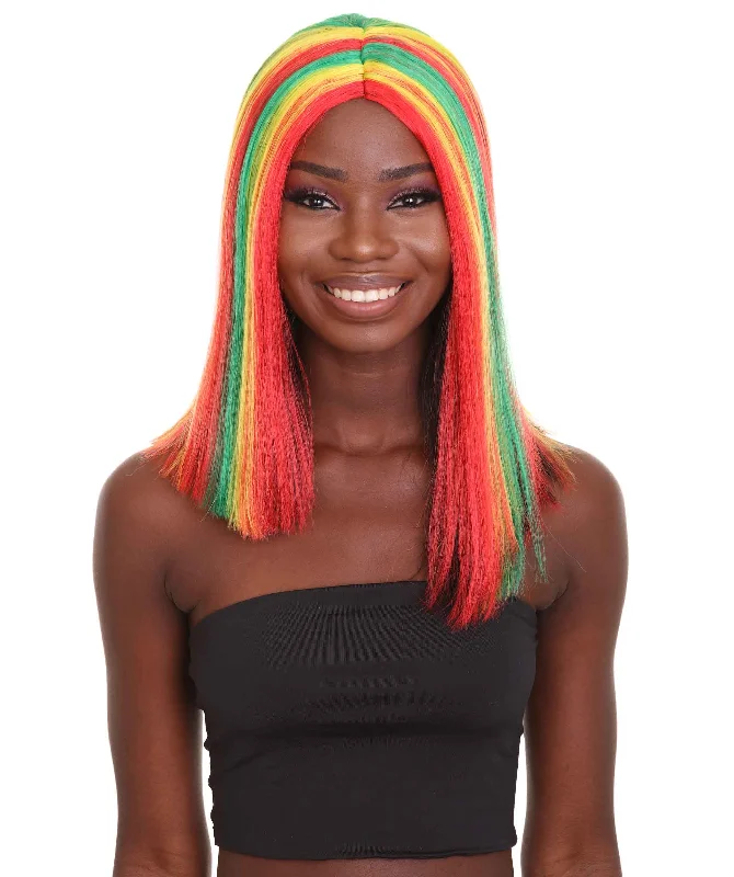 Nunique Adult Women's 14"" In. Stylish Ghana Pride Wig - Shoulder Length Red Gold and Green Hair