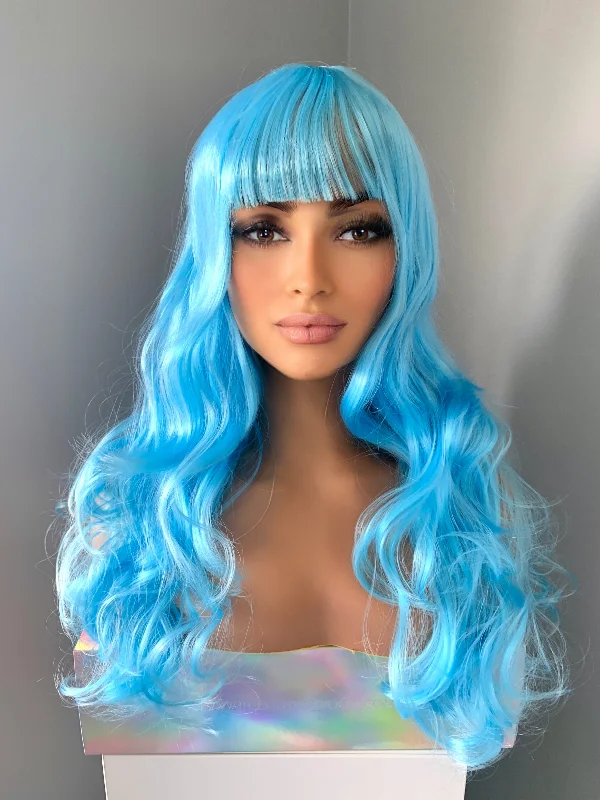 ""Aqua"" - Blue Body Wave Wig with Bangs