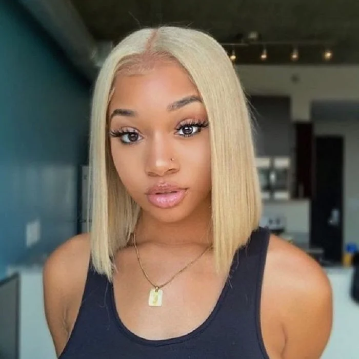 Blonde 613 Straight Bob Wig,Short Wig Middle Part Lace Frontal Human Hair