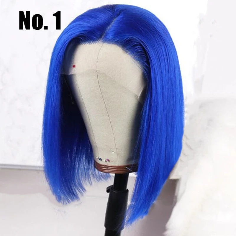 Blue Color Bob Wig Transparent Lace Human Hair Wig