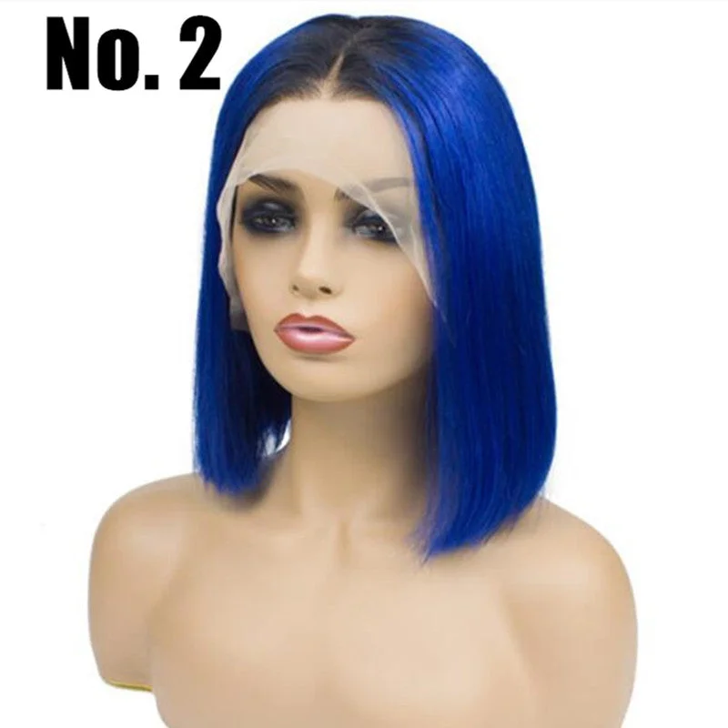 Blue Color Bob Wig Transparent Lace Human Hair Wig