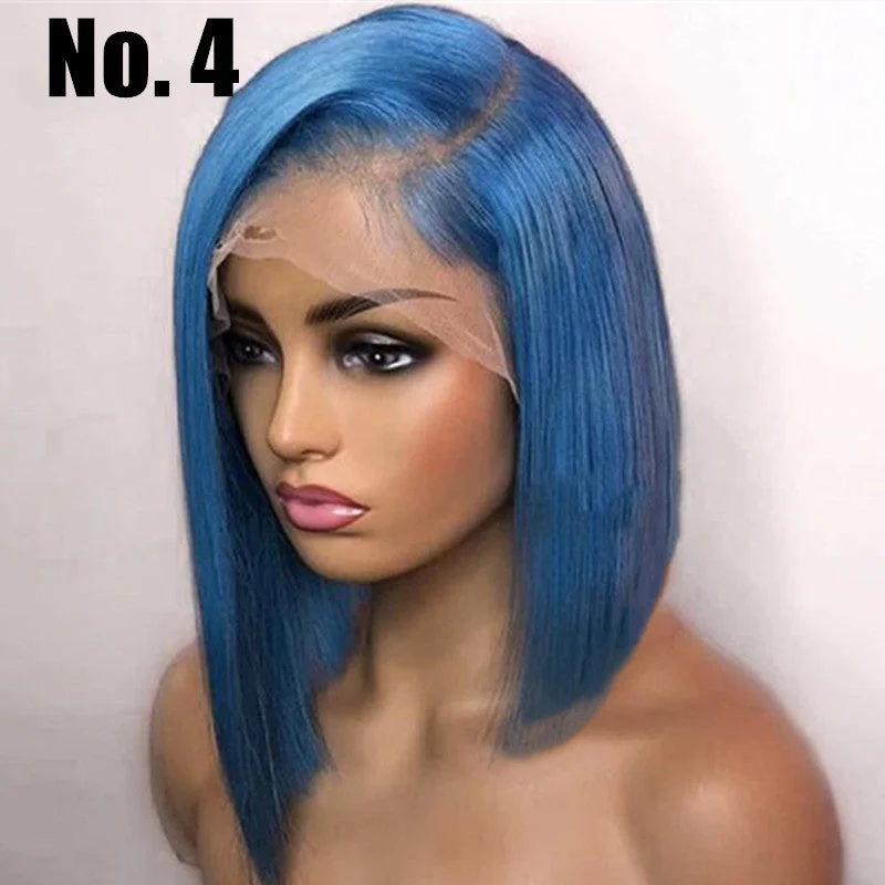 Blue Color Bob Wig Transparent Lace Human Hair Wig