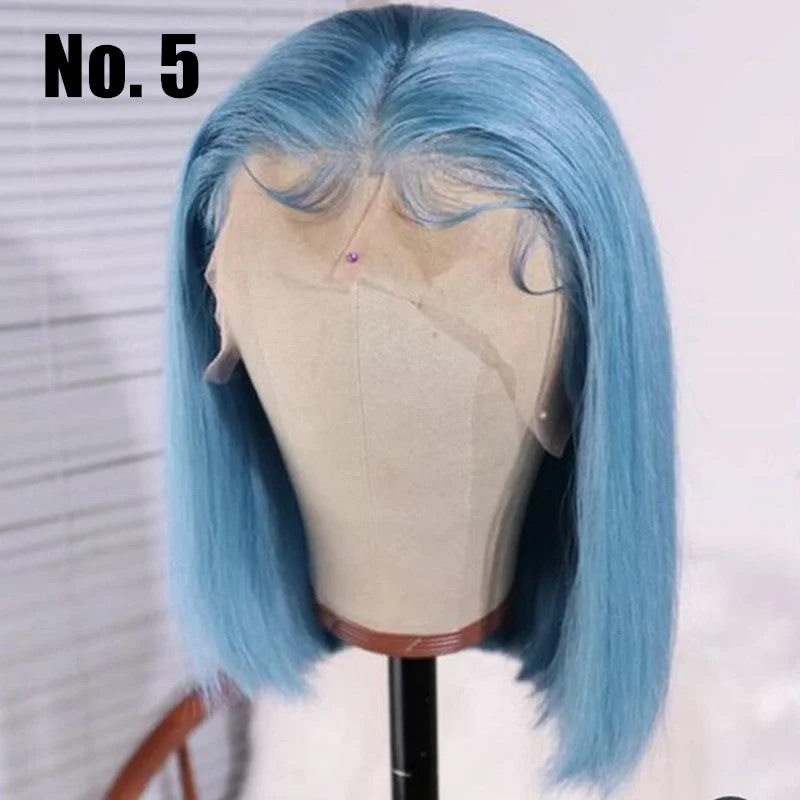 Blue Color Bob Wig Transparent Lace Human Hair Wig