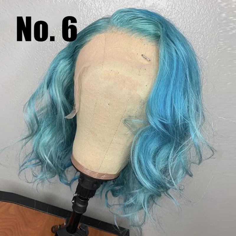 Blue Color Bob Wig Transparent Lace Human Hair Wig