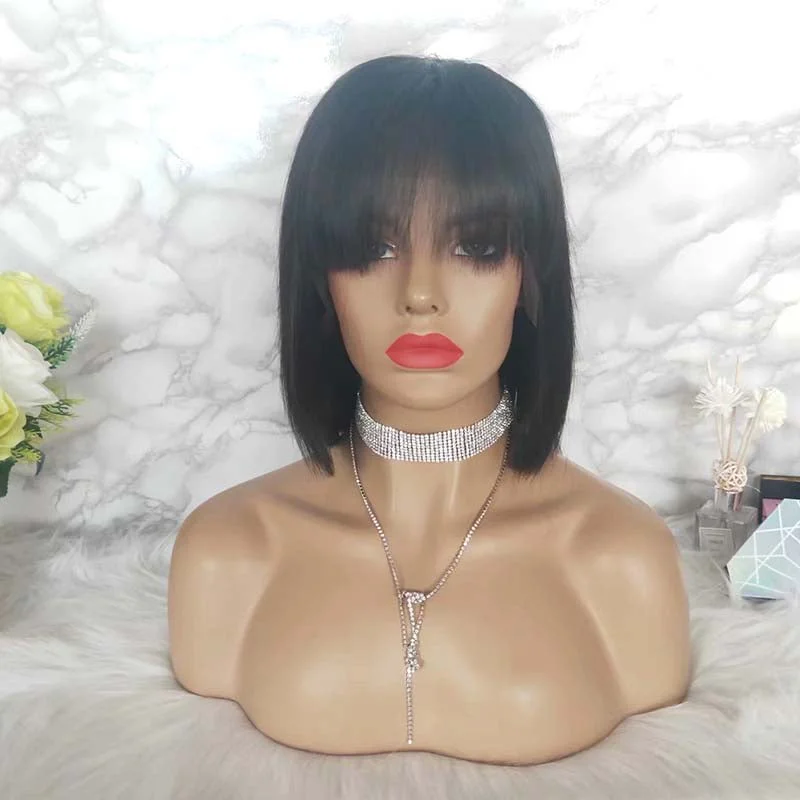 Short Black Brazilian Hair Bob Wig With Bangs Lace frontal Surprisehair