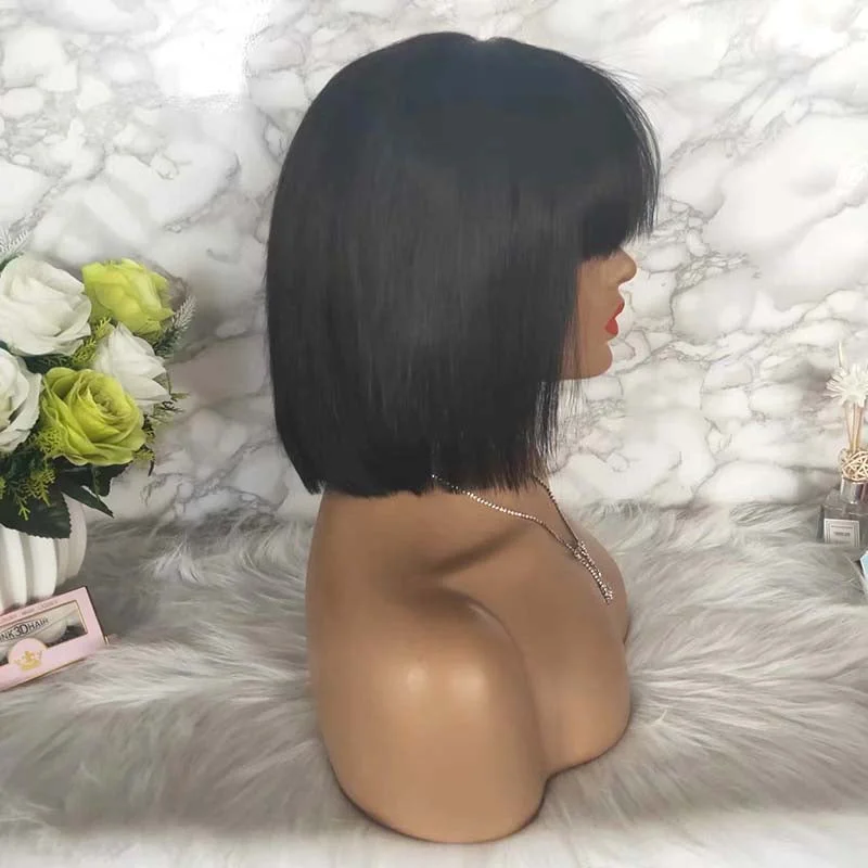 Short Black Brazilian Hair Bob Wig With Bangs Lace frontal Surprisehair