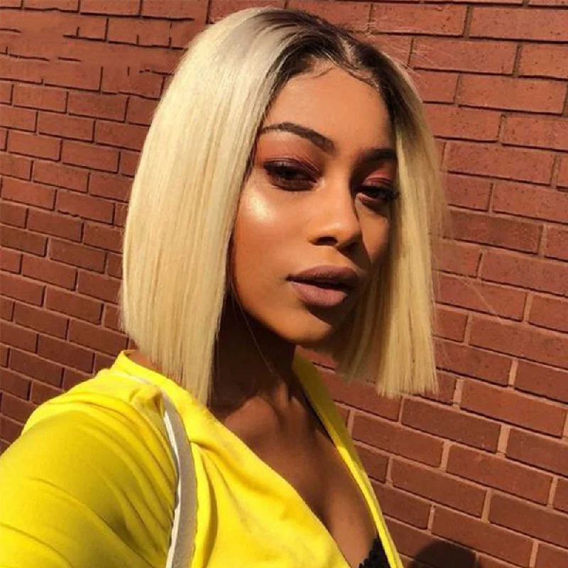 Peruvian Hair Light Blond With Black Root Straight Lace Front Bob Wig