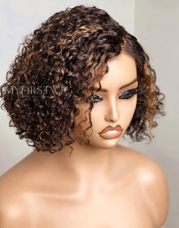 Brown Highlight Short Curly Glueless Human Hair Invisible Lace Wig-APRIL005