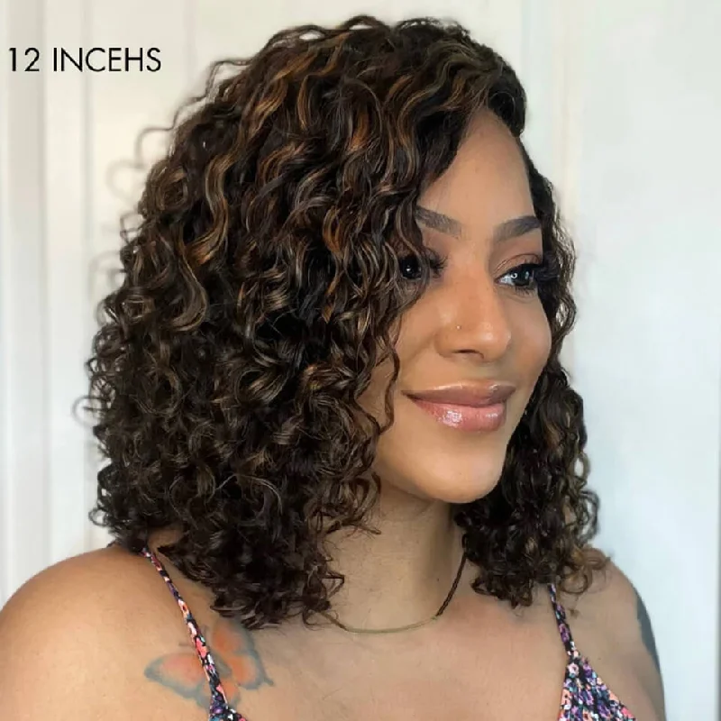 Casual Blonde Highlights 4x4 5x5 Curly HD Lace Glueless Short Bob Wig 100% Human Hair