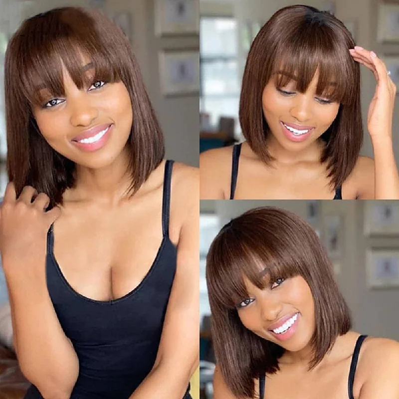 Chocolate Brown Color Straight Bob Wig With Bangs None Lace 14 inch