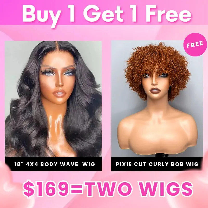 Bogo Sale: $169= 18"" Body Wave 4x4 Lace Wig + Pixie Cut Color Bob Wig