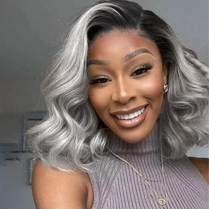 Cranberry Grey Ombre 13x4 Lace Front Wig Wavy Short Bob Human Hair Wigs