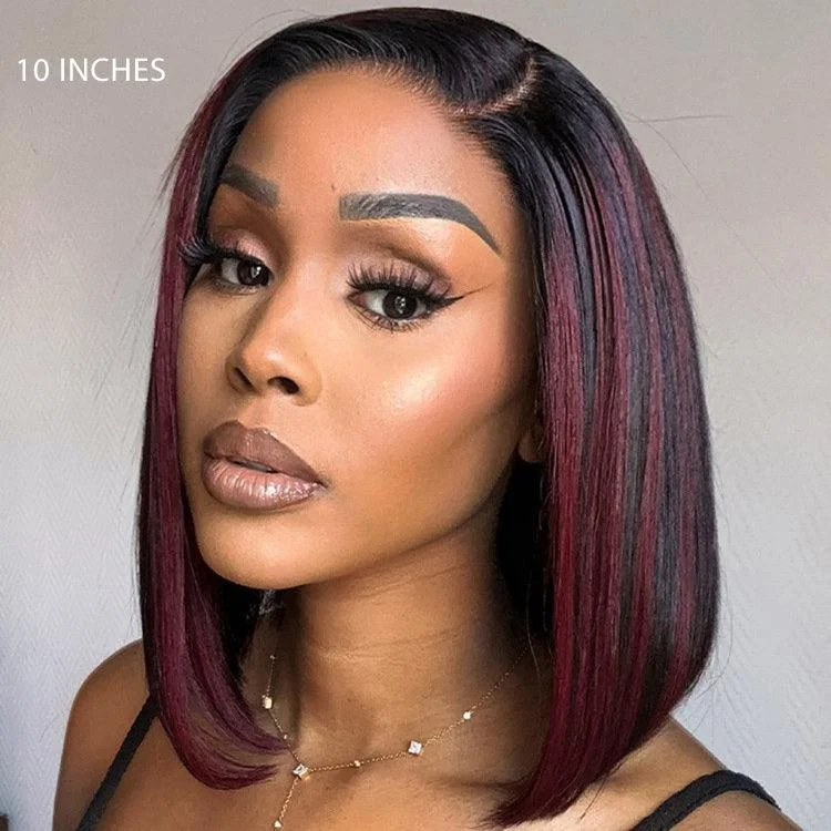 Dark Red Highlights Silky Blunt Cut C Part Glueless Minimalist Lace Bob Wig Beginner Friendly