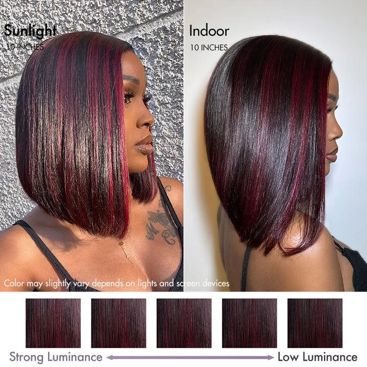 Dark Red Highlights Silky Blunt Cut C Part Glueless Minimalist Lace Bob Wig Beginner Friendly