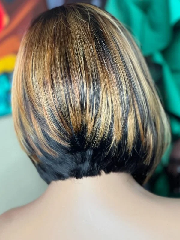 Doubleleafwig Ombre Highlight Color Short Bob Blunt Human Hair Pixie Cut HD Lace Front Wig Bleached Knots DL35