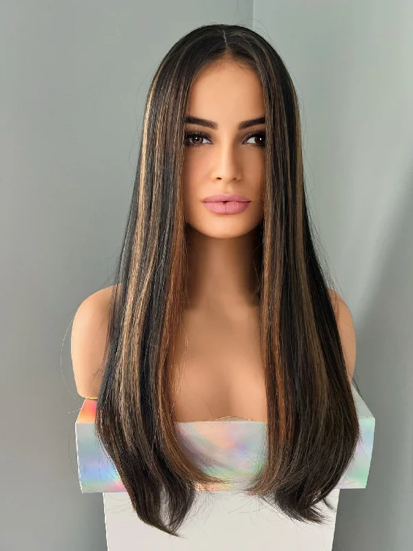 ""Drew"" - Silky Straight Brown Wig with Highlights