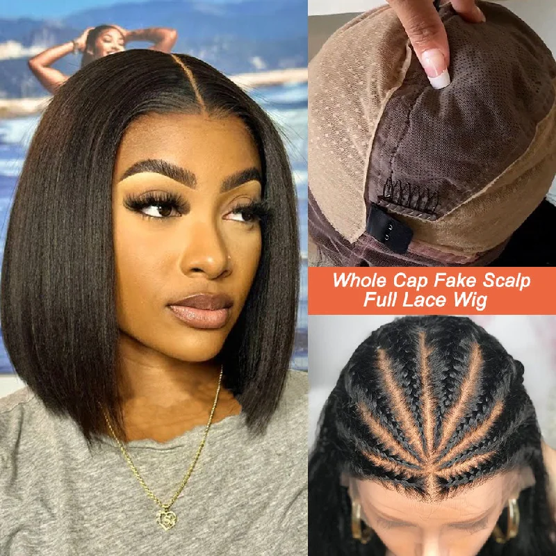 Full Lace Fake Scalp Free Parting Preplucked Human Hair Yaki Bob Wig