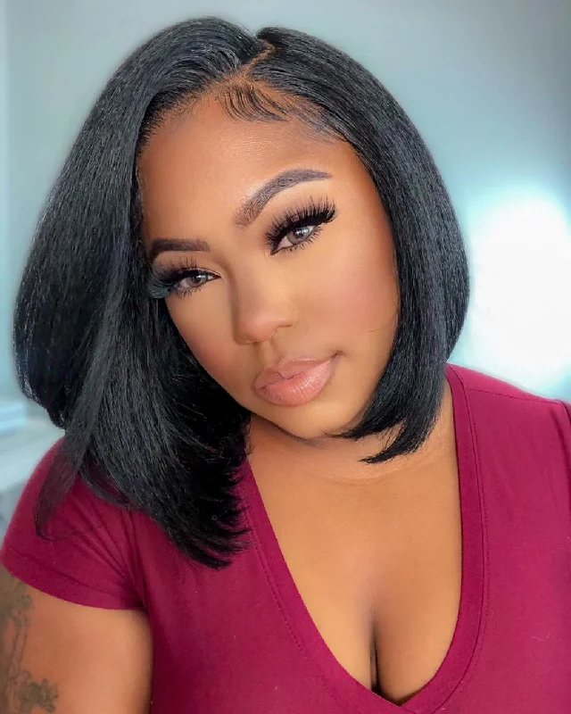 Full Lace Fake Scalp Free Parting Preplucked Human Hair Yaki Bob Wig