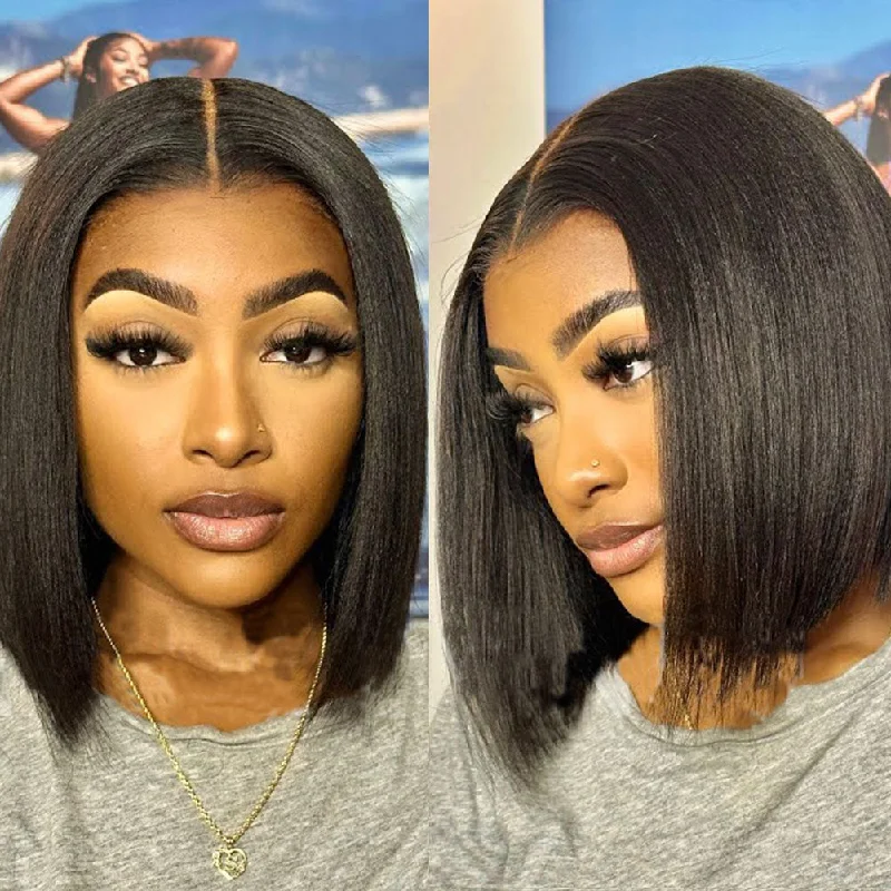 Full Lace Fake Scalp Free Parting Preplucked Human Hair Yaki Bob Wig