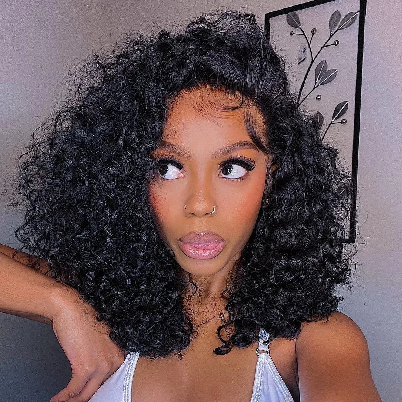 Full Lace Fake Scalp Free Parting Preplucked Human Hair Deep Curly Bob Wig