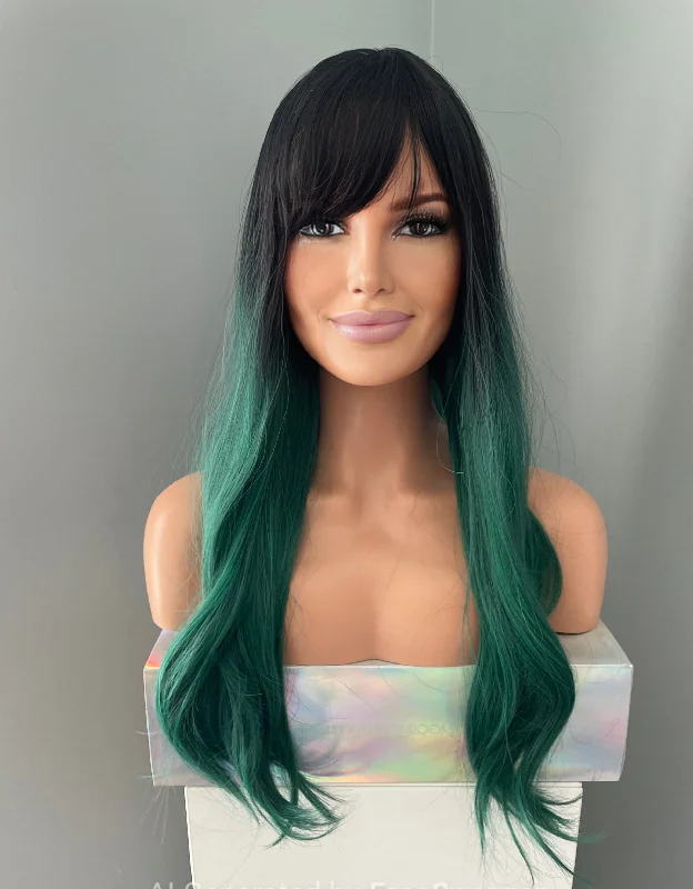 ""Gemma"" -  Long Green Rooted Wig with Bangs