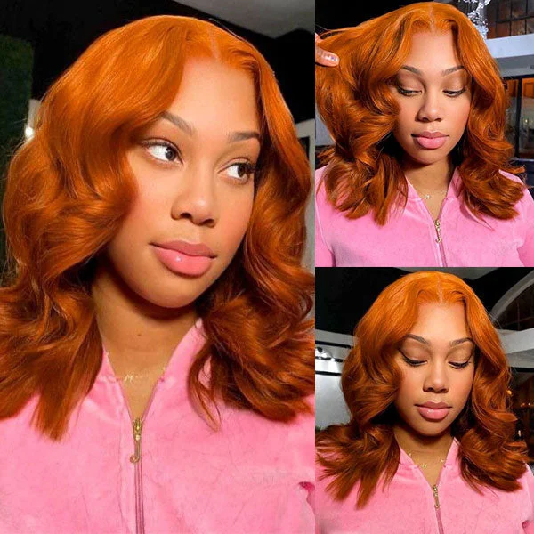 Ginger Orange Hair Lace Frontal Wig Body Wave Hair Bob Wigs With Bady Hair