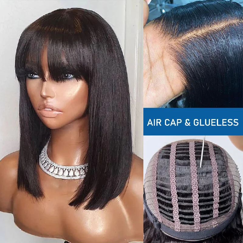 Glueless Air Cap Skin Melt Swiss Lace Preplucked Human Hair Closure Bob Wigs with Bang