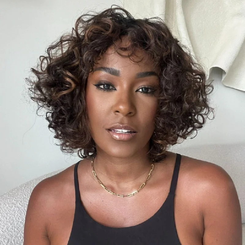 Glueless Brown Highlights Curly Bob Wig