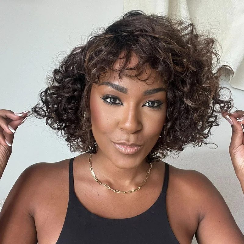 Glueless Brown Highlights Curly Bob Wig