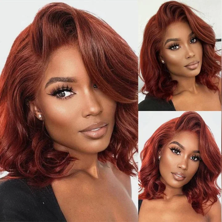 Glueless Reddish Brown Body Wave HD Lace Bob Wig Auburn Body Wave Invisible Lace Human Hair Bob Wigs