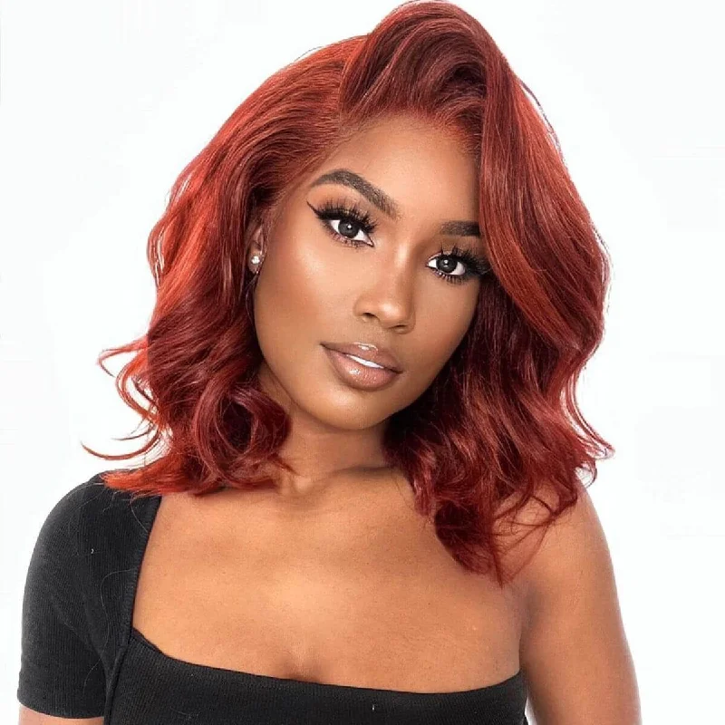 Glueless Reddish Brown Body Wave HD Lace Bob Wig Auburn Body Wave Invisible Lace Human Hair Bob Wigs