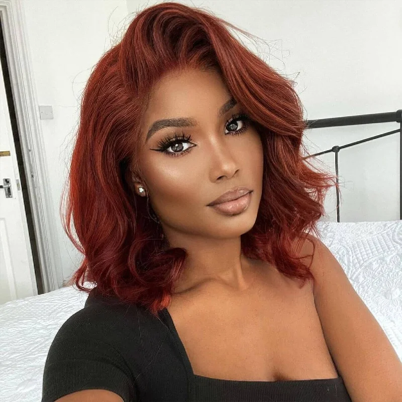 Glueless Reddish Brown Body Wave HD Lace Bob Wig Auburn Body Wave Invisible Lace Human Hair Bob Wigs