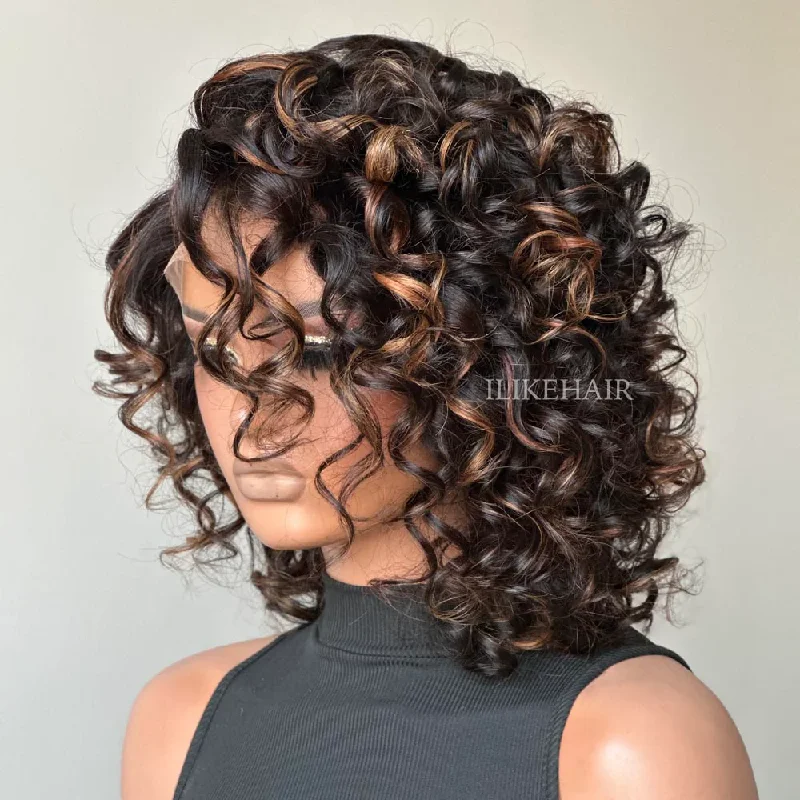 Glueless Short Bob Wigs Loose Curly Blonde Highlight Lace Front Wig Human Hair