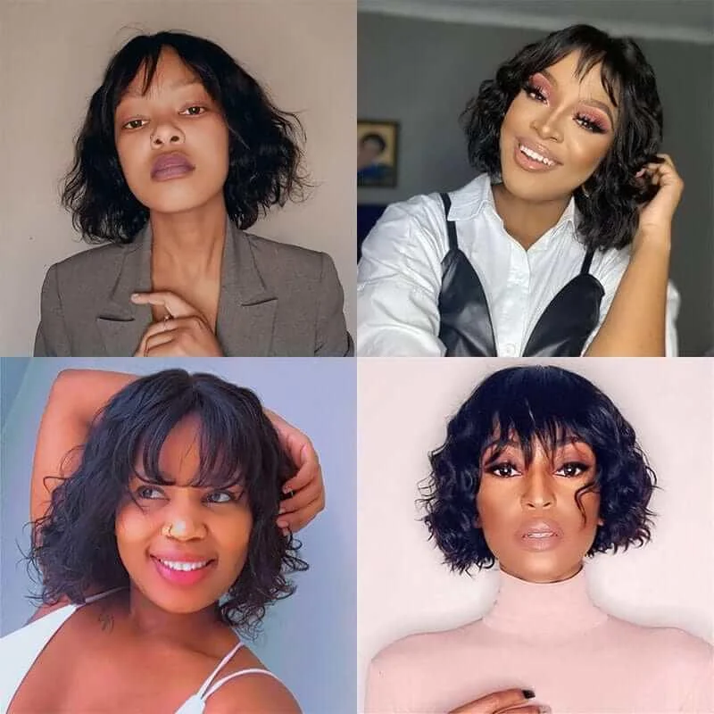 Glueless Short Wavy Bob Wig with Bangs 10 Inch Peruvian Human Hair 12A  Remy Hair Superlove Wig