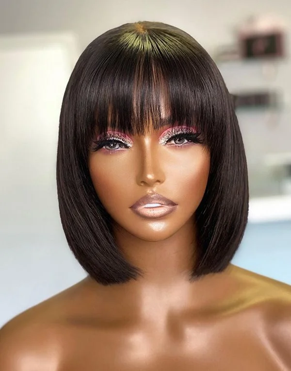 Hair Inspiration - Glueless Malaysian Human Hair Short Bob Haircut With Bangs Lace Front Wig - INS001