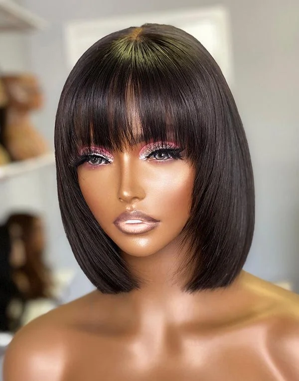 Hair Inspiration - Glueless Malaysian Human Hair Short Bob Haircut With Bangs Lace Front Wig - INS001