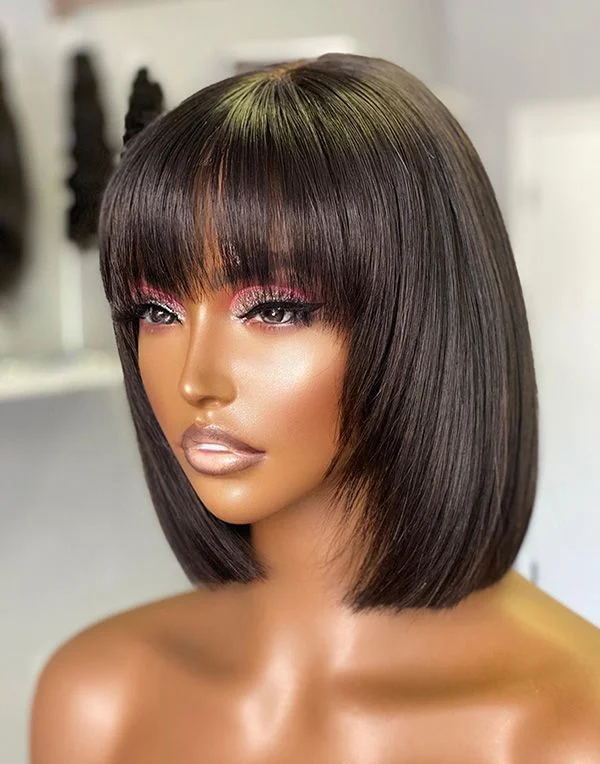 Hair Inspiration - Glueless Malaysian Human Hair Short Bob Haircut With Bangs Lace Front Wig - INS001