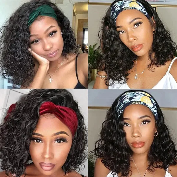 Headband Wig Short Bob Wig Water Wave Human Hair Wigs Machine Made Glueless Wigs